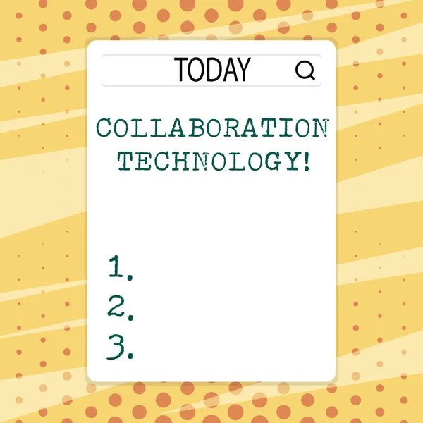 Handgeschreven tekst schrijven van Collaboration technologie. Begrip betekenis gezamenlijke inspanningen werkgroepen om uit te voeren taak Search Bar met vergrootglaspictogram foto op lege verticale White Screen. — Stockfoto