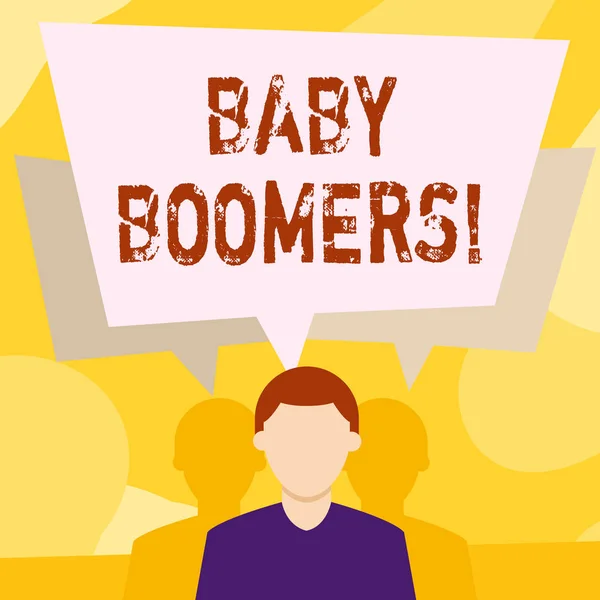 Konzeptionelle Handschrift, die Babyboomer zeigt. Geschäftstext, der zeigt, wer in den Jahren nach dem Zweiten Weltkrieg gesichtslos geboren wurde, hat zwei Schatten mit sich überlappender Sprechblase. — Stockfoto