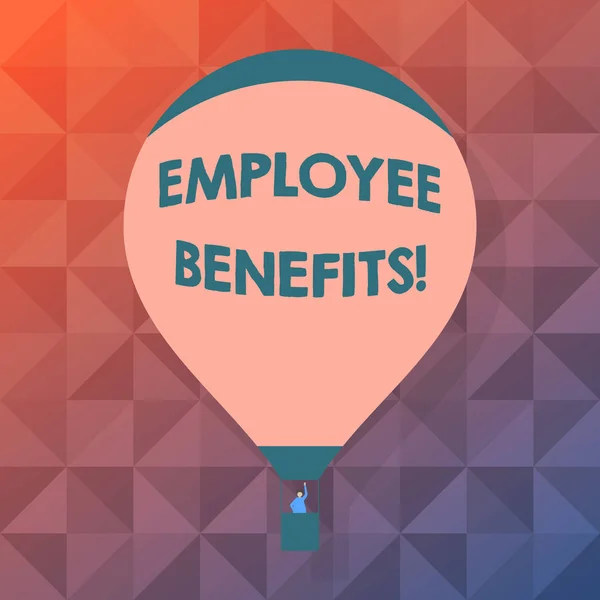Word writing text Employee Benefits. Business concept for indirect and non cash compensation paid to employee Blank Pink Hot Air Balloon Floating with One Passenger Waving From Gondola.