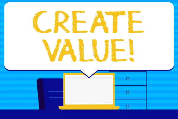 Conceptual hand writing showing Create Value. Business photo text making sure regard that something is held to its deserve Blank Huge Speech Bubble Pointing to the White Laptop Screen.