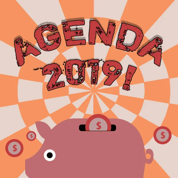 Signo de texto que muestra Agenda 2019. Lista de fotos conceptuales de los temas que se discutirán en la reunión formal o evento Colorful Piggy Money Bank and Coins with Dollar Currency Iniciar sesión the Slit . — Foto de Stock