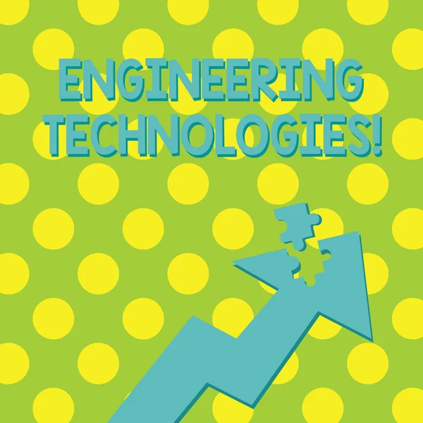 Text sign showing Engineering Technologies. Conceptual photo application of scientific and engineering knowledge Colorful Arrow Pointing Upward with Detached Part Like Jigsaw Puzzle Piece. — Stock Photo, Image