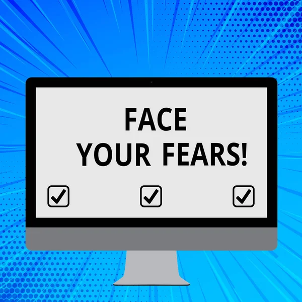 Metin yüz Your Fears yazılı kelime. İş kavramı için tanımak korkan bir şey ve boş beyaz bilgisayar monitörü geniş ekran monte bir stand teknoloji için bir çalışmayla deneyin. — Stok fotoğraf