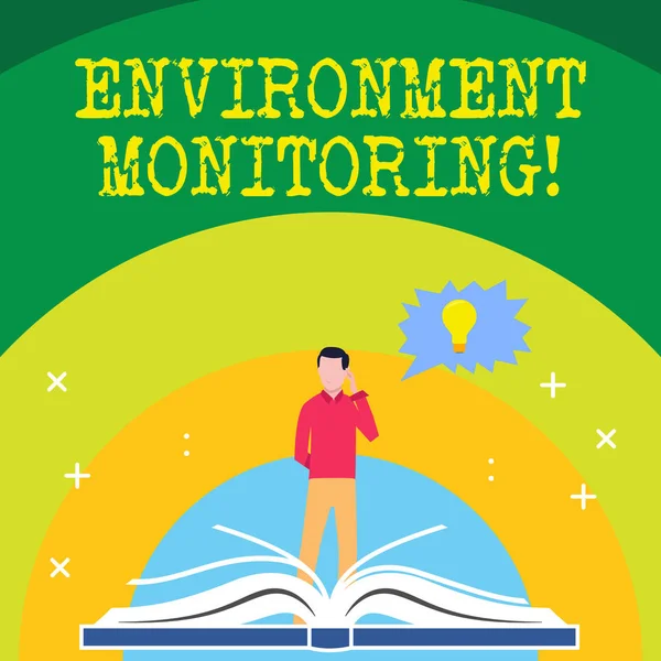 Handschrift tekst schrijven omgeving monitoring. Concept betekenend het waarnemen van en het bestuderen van voorwaarden van de milieu mens die zich achter open boek bevindt, hand op hoofd, gekartelde toespraak Bel met bol. — Stockfoto