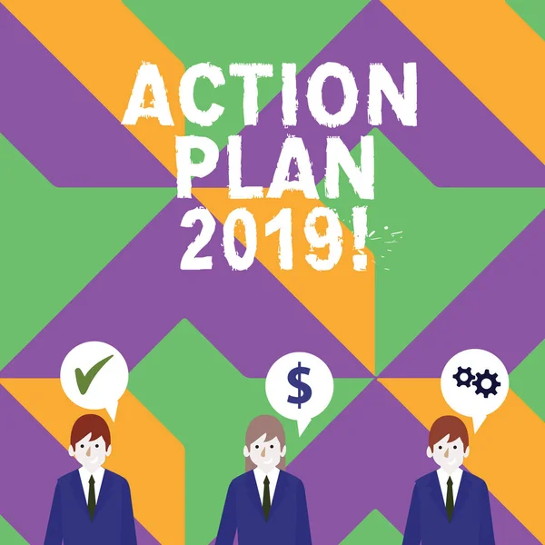 Word writing text action plan 2019. business concept for proposed strategy or course of actions for current year business men each has their own speech bubble with optimization cost icons. — Stockfoto