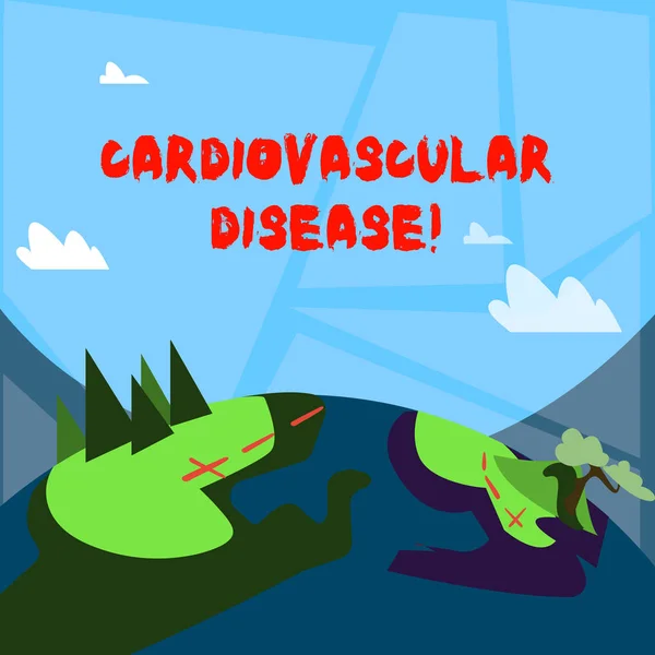 Word writing text Cardiovascular Disease. Business concept for conditions involve narrowed or blocked blood vessels Mountain View with Marked Hiking Trail and Trekking Tracks for Outdoor Ads.