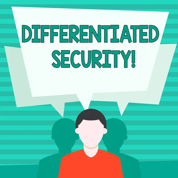 Conceptual hand writing showing Differentiated Security. Business photo showcasing deploys different policies according to identity Faceless Man has Two Shadows with Speech Bubble Overlapping. — Stock Photo, Image