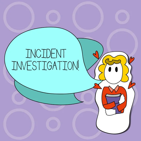 Writing note showing Incident Investigation. Business photo showcasing Account and analysis of an incident based on evidence Girl Holding Book with Hearts Around her and Speech Bubble. — Stock Photo, Image