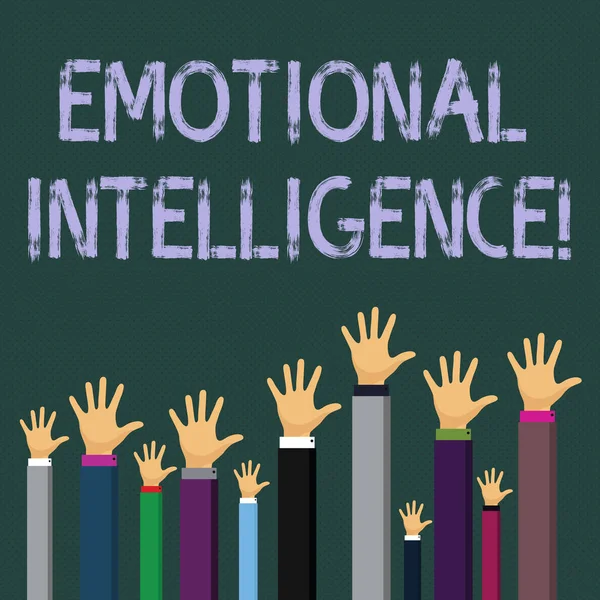 Writing note showing Emotional Intelligence. Business photo showcasing Ability to identify and analysisage own and other emotions Businessmen Hands Raising Up Above the Head, Palm In Front. — Stock Photo, Image