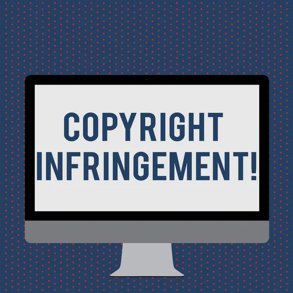Text sign showing Copyright Infringement. Conceptual photo use of works protected by law without permission Blank White Computer Monitor WideScreen Mounted on a Stand for Technology.