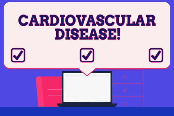 Text sign showing Cardiovascular Disease. Conceptual photo conditions involve narrowed or blocked blood vessels Blank Huge Speech Bubble Pointing to White Laptop Screen in Workspace Idea.