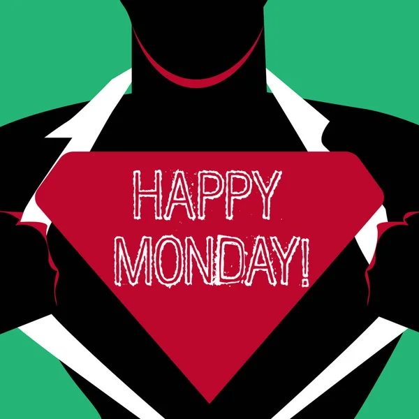 Text sign showing Happy Monday. Conceptual photo indicate starting fresh new week welcoming it with smile Man in Superman Pose Opening his Shirt to reveal the Blank Triangular Logo.