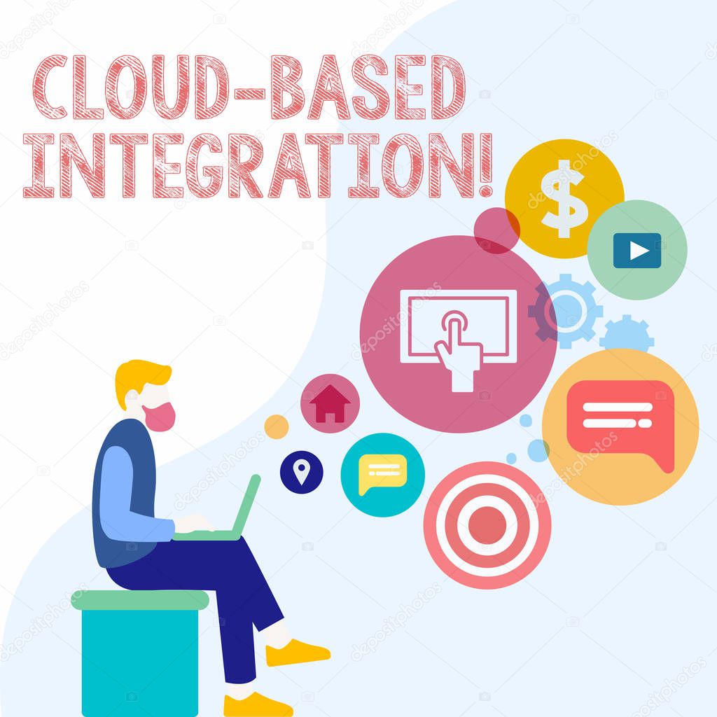 Handwriting text Cloud Based Integration. Concept meaning tools and technologies that connects applications Man Sitting Down with Laptop on his Lap and SEO Driver Icons on Blank Space.