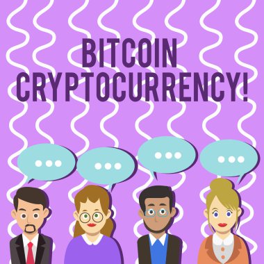Bitcoin cryptocurrency gösteren kavramsal el yazma. İş fotoğraf metin dijital ödeme para cryptocurrencies kullanır grup Iş ınsanları ile konuşma kabarcık ile üç nokta.