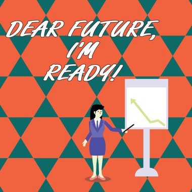 Word yazma metin sevgili Future ı M Ready. Uygun devlet eylem durumu için iş konsepti tam hazırlanmış olmak Businesswoman Holding Stick beyaz tahta üzerinde yukarı ok çizelgesi Işaret.