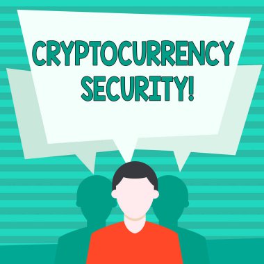 Kripto para güvenliğini gösteren kavramsal el yazısı. İş fotoğraf vitrine girişimleri yasadışı yollarla dijital para edinme Faceless Man iki Shadows ile konuşma kabarcık çakışan.