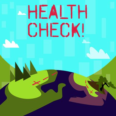 Sağlık denetimi gösteren Not yazma. İş fotoğraf vitrine muayene olup olmadığını belirlemek için hastalık acı gösteren dağ manzaralı yürüyüş Trail ve trekking Tracks ads için.