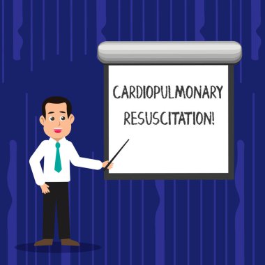 Kardiyopulmoner resüsitasyon gösteren metin işareti. Kavramsal fotoğraf tekrarlanan döngüleri sıkıştırma göğüs solunması adam içinde kravat konuşan Holding sopa Işaret boş beyaz ekran duvar.