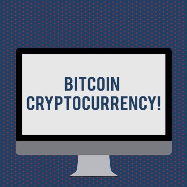Bitcoin cryptocurrency gösteren metin işareti. Kavramsal fotoğraf dijital ödeme para cryptocurrencies kullanır boş beyaz bilgisayar monitör Widescreen teknoloji için bir stand monte.