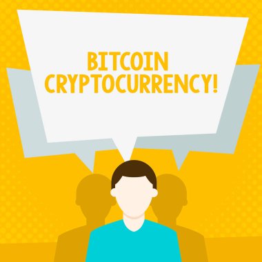 Bitcoin cryptocurrency gösteren kavramsal el yazma. Dijital ödeme para sergileyen iş fotoğrafı kripto paralar kullanır Faceless Man Iki Shadows ile konuşma kabarcık çakışan.