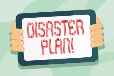 El yazısı metni felaket planı. Konsept anlam süreci veya prosedürler kümesi organizasyon kurtarma renk tablet smartphone ile boş ekran Handheld Gadget 'ın arkasında yürütmek için.