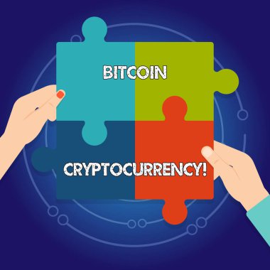Bitcoin cryptocurrency gösteren metin işareti. Kavramsal fotoğraf dijital ödeme para cryptocurrencies kullanır dört boş çok renkli bilmecenin kiremit parçaları birlikte ınsan elleri koymak.