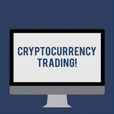 Kripto para ticareti gösteren metin işareti. Kavramsal fotoğraf sadece piyasada cryptocurrencies değişimi boş beyaz bilgisayar monitör Widescreen teknoloji için bir stand monte.
