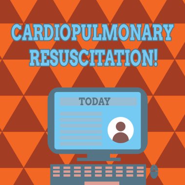 Kardiyopulmoner resüsitasyon gösteren kavramsal el yazısı. İş fotoğraf metin tekrarlanan döngüleri sıkıştırma göğüs solunması bilgisayar stand üzerinde online profil verileri ekran üzerinde monte.