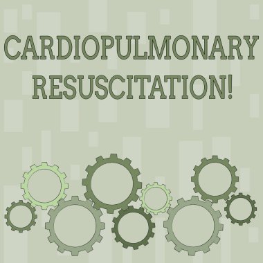 Word yazma metin Kardiyopulmoner resüsitasyon. Tekrarlanan döngüleri sıkıştırma göğüs solunması için iş kavramı renkli COG tekerlek dişli, Interlocking ve Tesselating düz stil çekici.