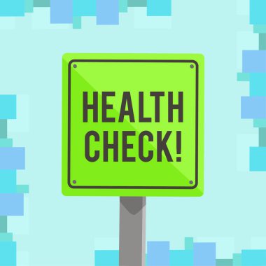 Sağlık denetimi gösteren Not yazma. İş fotoğraf vitrine muayene olup olmadığını belirlemek için hastalıktan muzdarip 3D kare renkli dikkatli yol işareti siyah sınır ahşap.