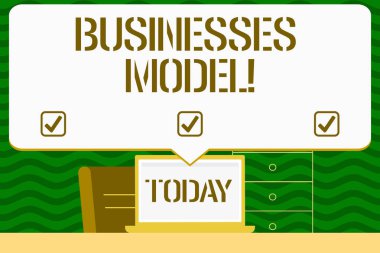 İşletmeler Model gösteren not yazma. Plan başarılı operasyon iş gelir boş büyük konuşma balonu işaret eden beyaz dizüstü bilgisayar ekranı için belirlenmesi için vitrine iş fotoğraf.