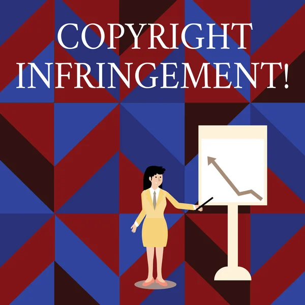 Writing note showing Copyright Infringement. Business photo showcasing use of works protected by law without permission Woman Holding Stick Pointing to Chart of Arrow on Whiteboard. — Stock Photo, Image