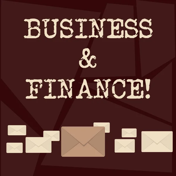 Text sign showing Business And Finance. Conceptual photo refers to money and credit employed in business Pastel Color Closed Envelopes in Different Sizes with Big one in the Middle. — Stock Photo, Image