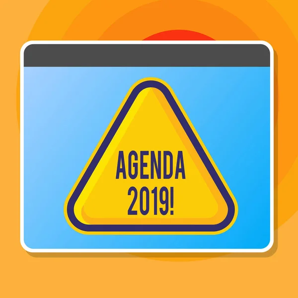 Nota de escritura que muestra la Agenda 2019. Foto de negocios que muestra la lista de temas que se discutirán en la reunión formal o evento. Triángulo en relieve amarillo en blanco con frontera como botón web en la pantalla. . — Foto de Stock