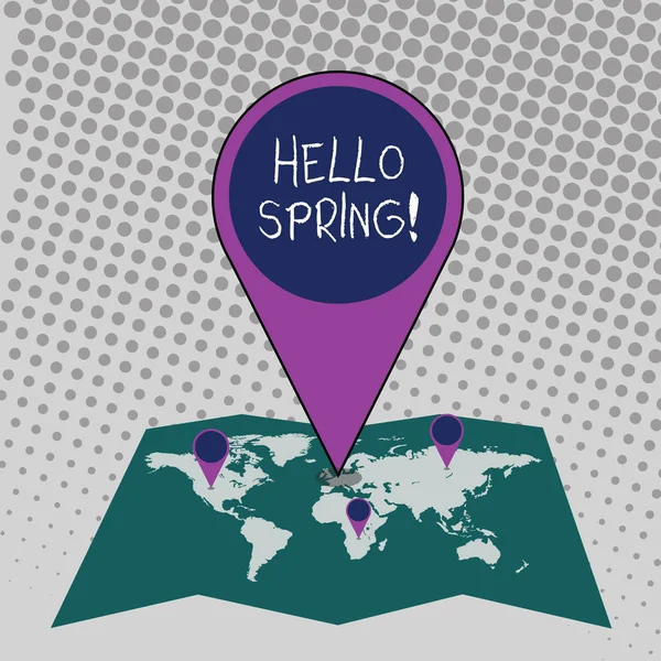 Текст для почерку Hello Spring. Концепція означає Привітальний сезон настає після зими Квітучий барвистий величезний розташування Маркер Pin вказуючи на область або GPS адреса на мапі . — стокове фото