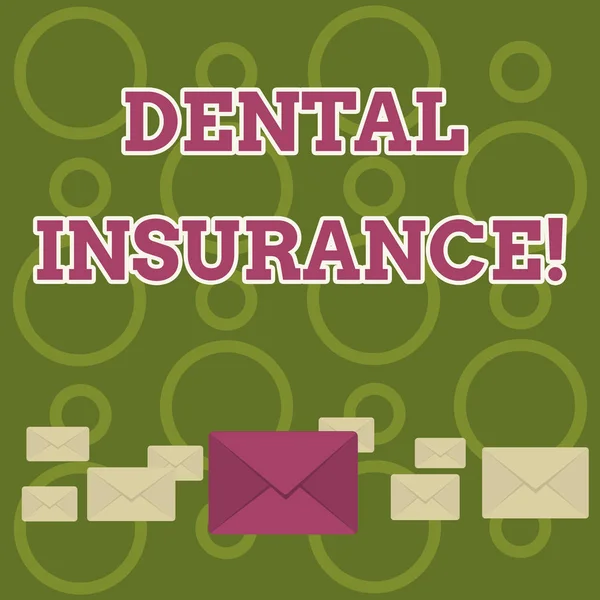 Word writing text Dental Insurance. Business concept for coverage for individuals to protect them against costs Pastel Color Closed Envelopes in Different Sizes with Big one in the Middle.