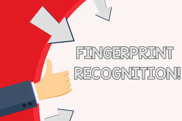 Handwriting text Fingerprint Recognition. Concept meaning identifying identity individual based on his finger Hand Gesturing Thumbs Up and Holding on Blank Space Round Shape with Arrows.