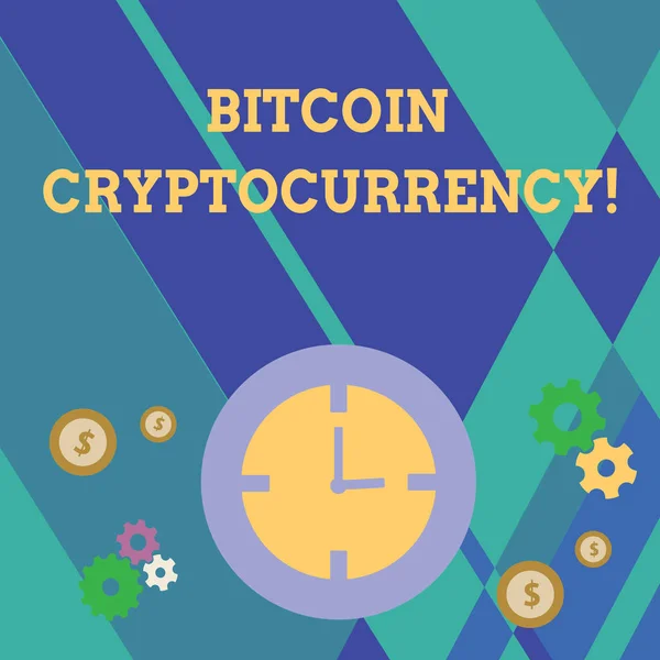 Почерк написания текста Bitcoin Cryptocurrency. Концепция, означающая, что цифровая валюта использует криптовалюты Time Management Icons of Clock, Cog Wheel Gears и Dollar Currency Sign . — стоковое фото