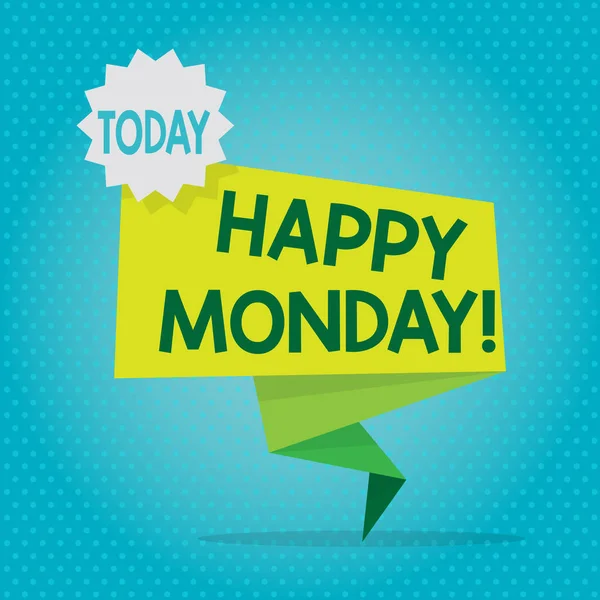 Text sign showing Happy Monday. Conceptual photo indicate starting fresh new week welcoming it with smile Blank Space Green Two Tone Folded Back Banner Strip with Seal Stamp Sticker.