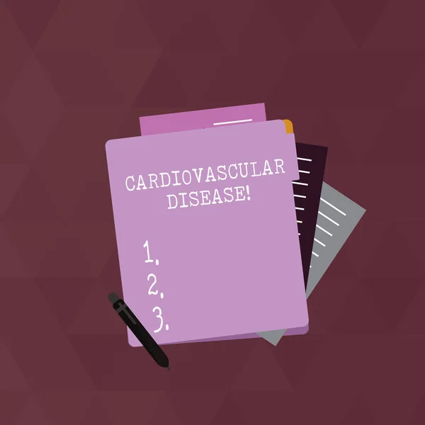 Writing note showing Cardiovascular Disease. Business photo showcasing conditions involve narrowed or blocked blood vessels Lined Paper Stationery Partly into View from Pastel Folder. — Stock Photo, Image