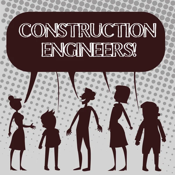 Handwriting text Construction Engineers. Concept meaning discipline that deals with designing and planning Silhouette Figure of People Talking and Sharing One Colorful Speech Bubble. — Stock Photo, Image
