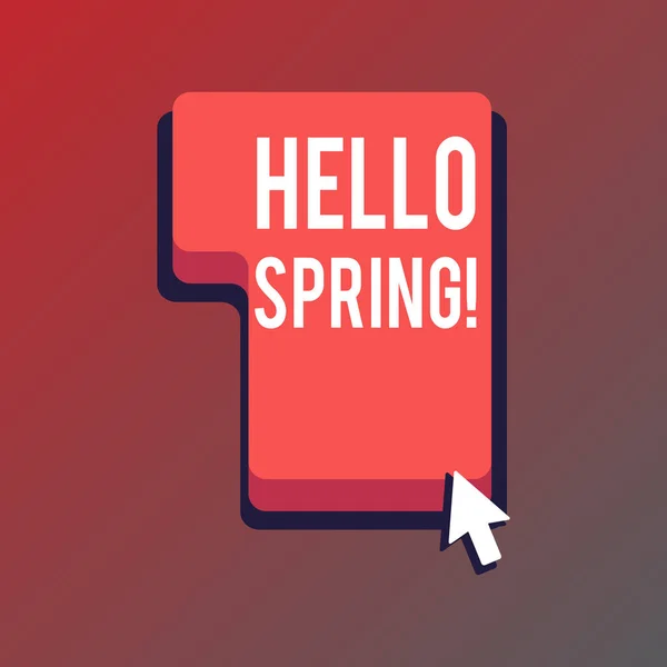 El yazısı metin yazma Hello Spring. Konsept anlamı karşılama sezonu kış sonra geliyor Plantes, basın veya ok Imleç ile kırmızı klavye komut tuşuna tıklayın yönünü çiçek. — Stok fotoğraf