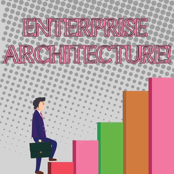 Text sign showing Enterprise Architecture. Conceptual photo practice for conducting enterprise analysis design Businessman Carrying a Briefcase is in Pensive Expression while Climbing Up.