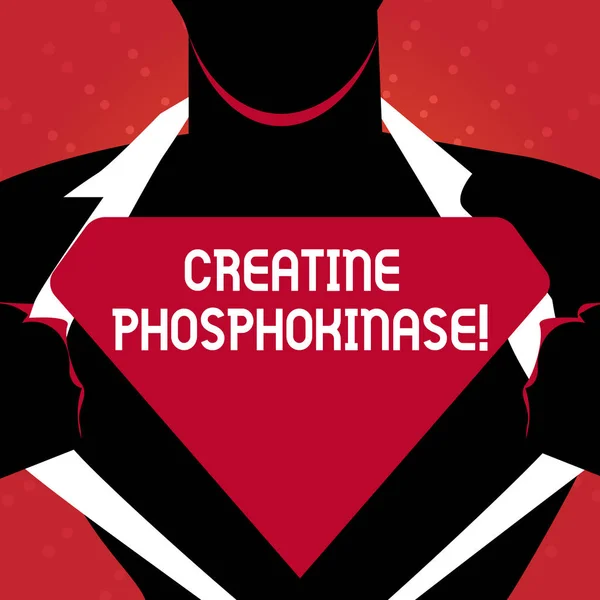 Note d'écriture montrant la créatine phosphokinase. Photo d'affaires montrant des protéines qui aident les changements chimiques dans le corps Homme Ouverture de sa chemise pour révéler le logo triangulaire vide . — Photo