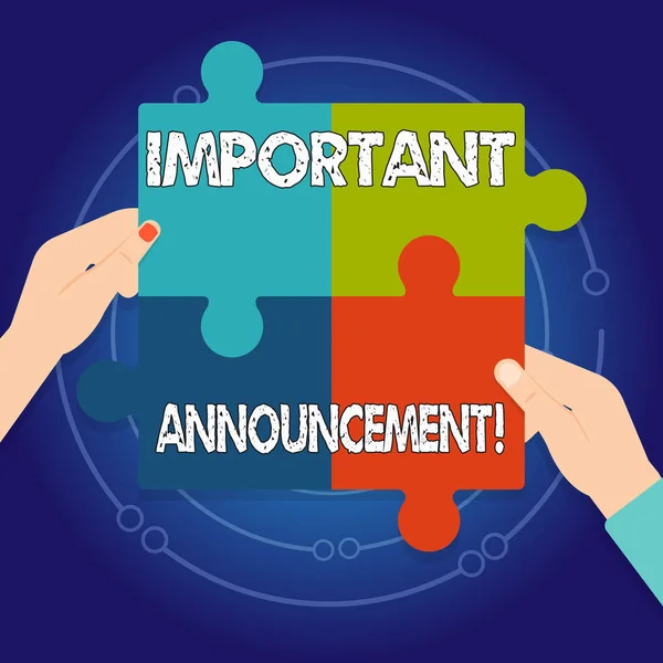 Text sign showing Important Announcement. Conceptual photo A significant public notification or declaration Four Blank Multi Color Jigsaw Puzzle Tile Pieces Put Together by Human Hands. — Stock Photo, Image