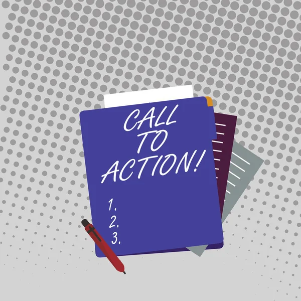 Texto de caligrafia Call To Action. Conceito que significa exortação fazer algo, a fim de alcançar objetivo com problema Papel Colorido Forrado Papelaria parcialmente em vista de Pastel Blank Folder . — Fotografia de Stock