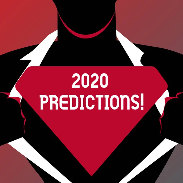 Escritura manual conceptual que muestra las predicciones de 2020. Foto de negocios mostrando declaración sobre lo que usted piensa que sucederá en el futuro Hombre Abriendo su camisa para revelar el logotipo triangular en blanco . —  Fotos de Stock