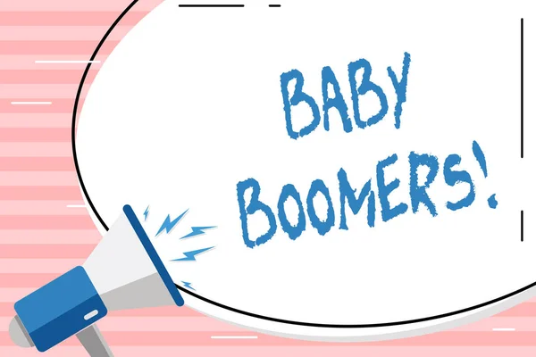 Conceptual hand writing showing Baby Boomers. Business photo showcasing demonstrating who is born in years following Second World War Oval Shape Sticker and Megaphone Shouting with Volume Icon. — Stock Photo, Image