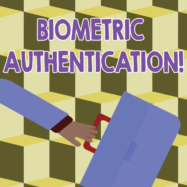 A biometrikus hitelesítést ábrázoló fogalmi kézírás. Üzleti fotó bemutató identitás ellenőrzés magában foglalja a biológiai bemenet rohanó üzletember megingott vissza és gazdaság táska. — Stock Fotó