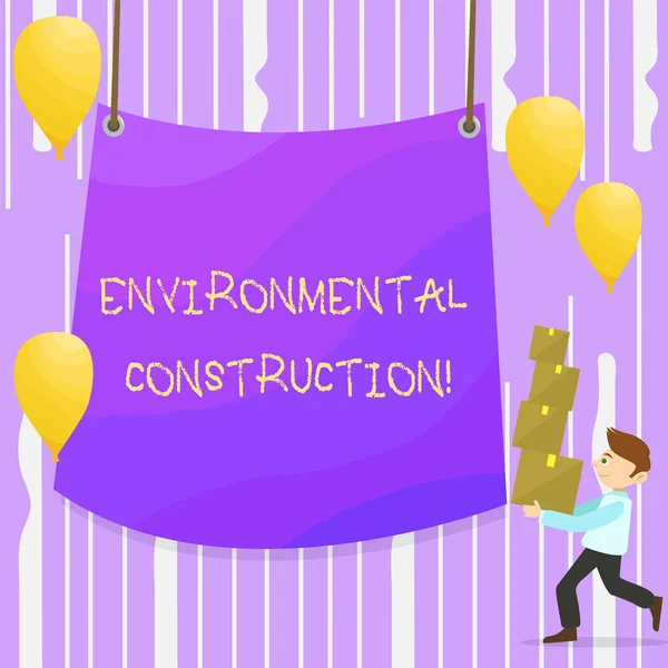 Słowo pisanie tekstu Budownictwo środowiskowe. Koncepcja biznesowa dla doświadczonych o zrównoważonej praktyce budowlanej człowiek przewożący stos skrzynek z pustą plandeka w centrum i balony. — Zdjęcie stockowe